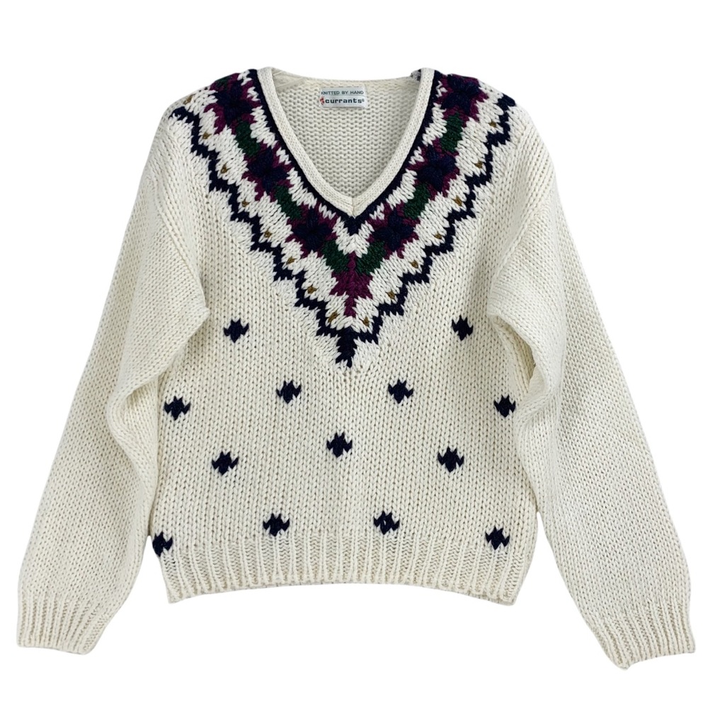 Vintage V-Neck Sweater Creamy White with Floral Detail Knitted by Hand,Currants - Picture 10 of 16